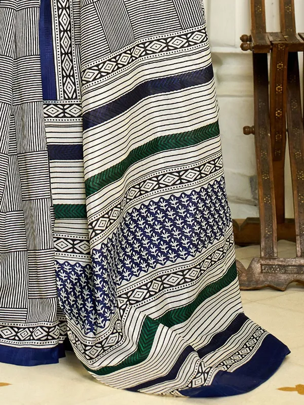 Black_&_White_Blended_Silk_Bhagalpuri_Style_Block_Print_Saree_For_Women_|_With_Unstitched_Blouse
