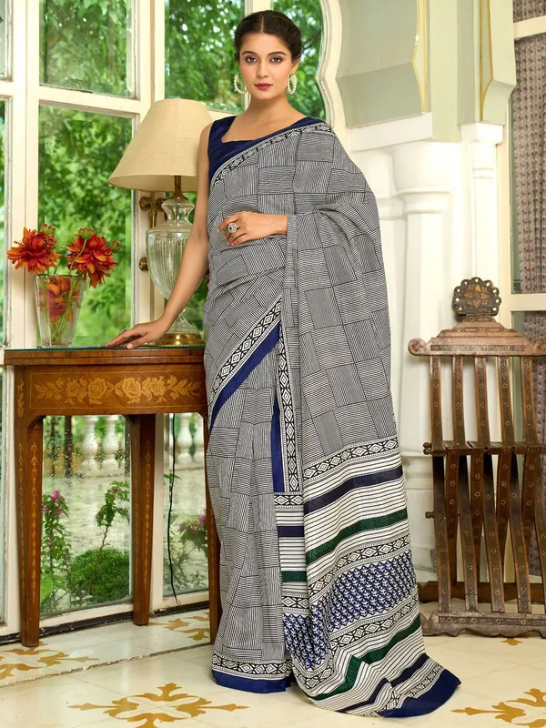 Black_&_White_Blended_Silk_Bhagalpuri_Style_Block_Print_Saree_For_Women_|_With_Unstitched_Blouse
