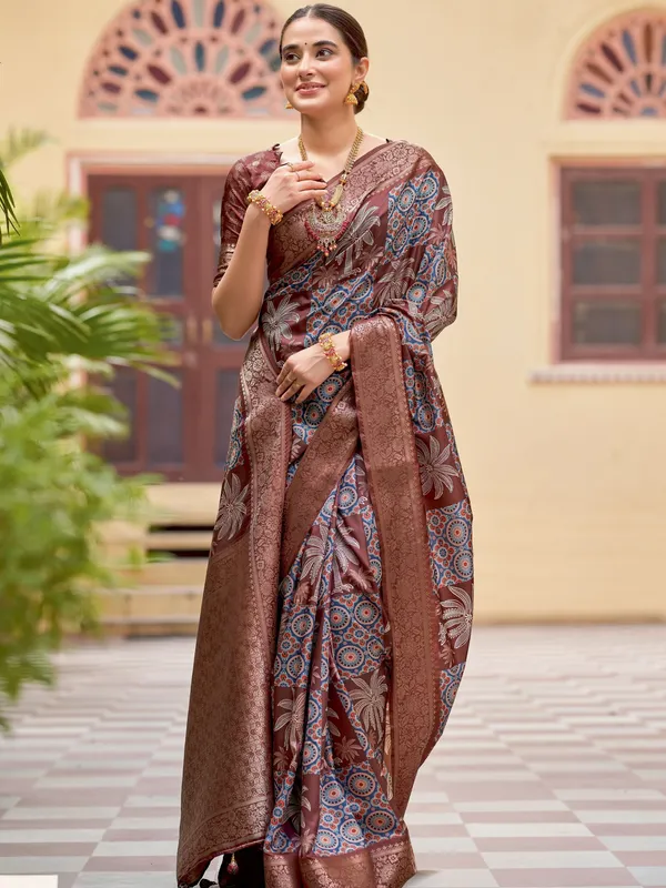 Brown_&_Grey_Ajrakh_Elegance_In_Italian_Silk_Saree_For_Women_|_With_Unstitched_Blouse