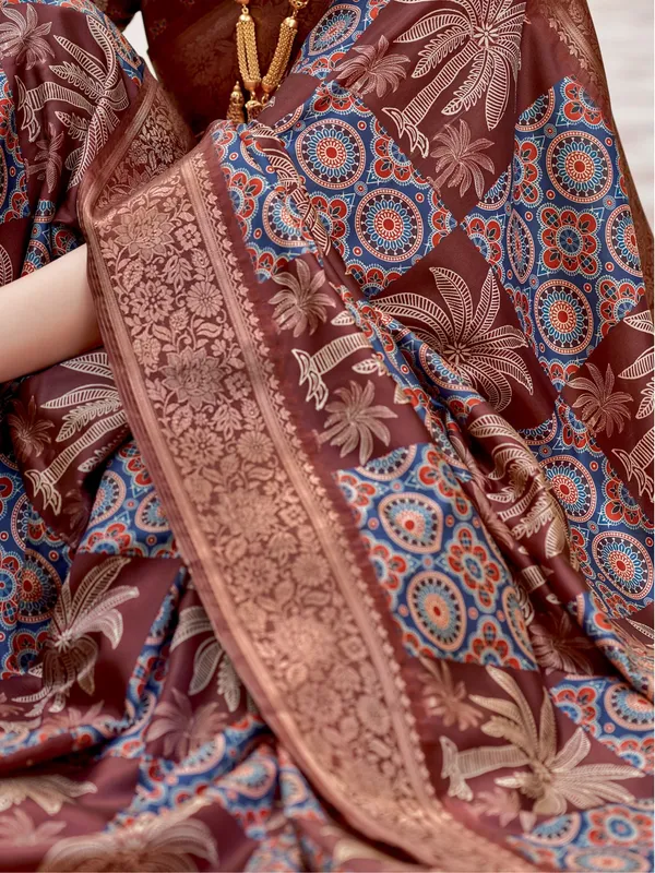Brown_&_Grey_Ajrakh_Elegance_In_Italian_Silk_Saree_For_Women_|_With_Unstitched_Blouse