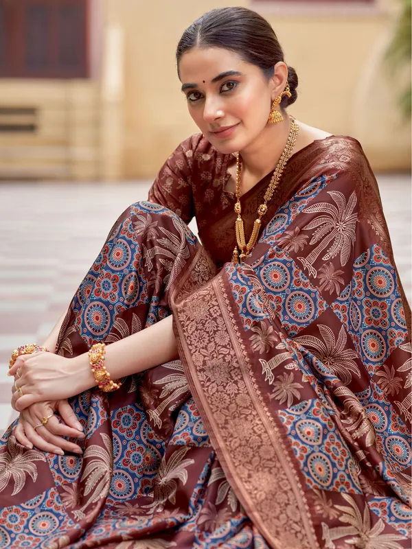 Brown_&_Grey_Ajrakh_Elegance_In_Italian_Silk_Saree_For_Women_|_With_Unstitched_Blouse