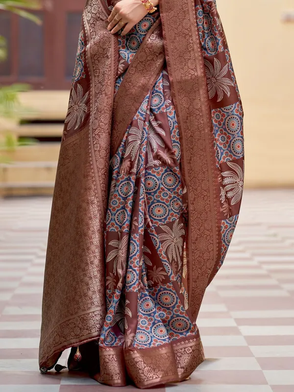 Brown_&_Grey_Ajrakh_Elegance_In_Italian_Silk_Saree_For_Women_|_With_Unstitched_Blouse