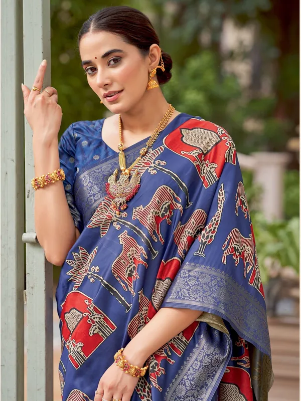 Blue_Ajrakh_Elegance_In_Italian_Silk_Saree_For_Women_|_With_Unstitched_Blouse