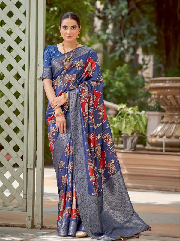 Blue_Ajrakh_Elegance_In_Italian_Silk_Saree_For_Women_|_With_Unstitched_Blouse