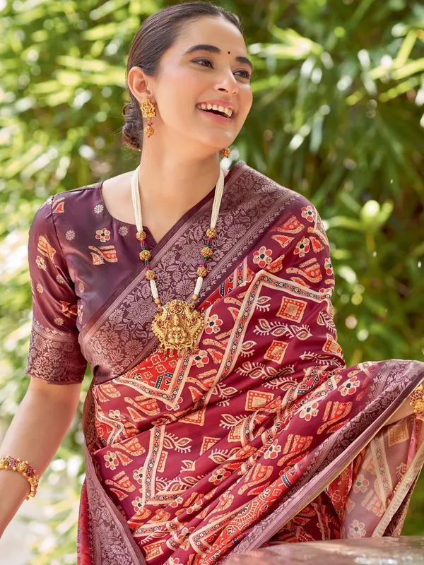 Maroon_&_Orange_Ajrakh_Elegance_In_Italian_Silk_Saree_For_Women_|_With_Unstitched_Blouse