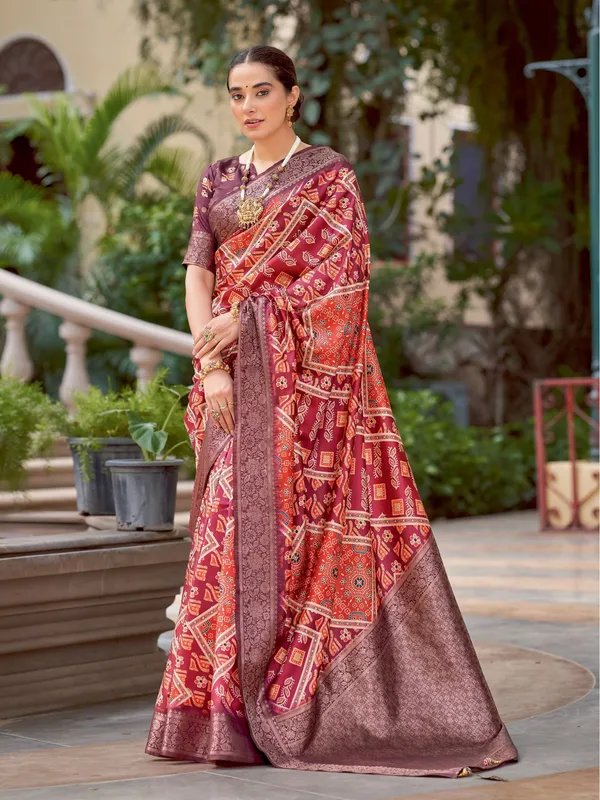 Maroon_&_Orange_Ajrakh_Elegance_In_Italian_Silk_Saree_For_Women_|_With_Unstitched_Blouse