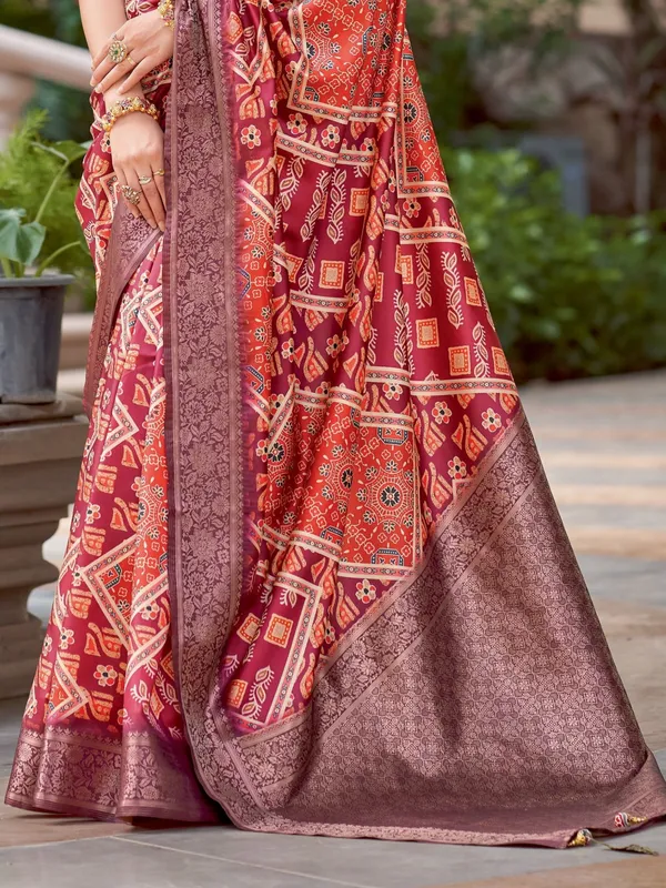 Maroon_&_Orange_Ajrakh_Elegance_In_Italian_Silk_Saree_For_Women_|_With_Unstitched_Blouse