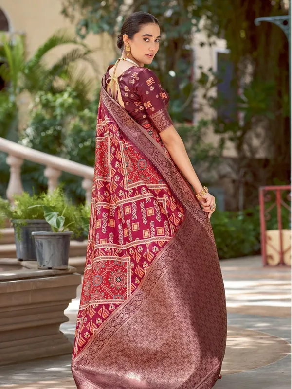 Maroon_&_Orange_Ajrakh_Elegance_In_Italian_Silk_Saree_For_Women_|_With_Unstitched_Blouse