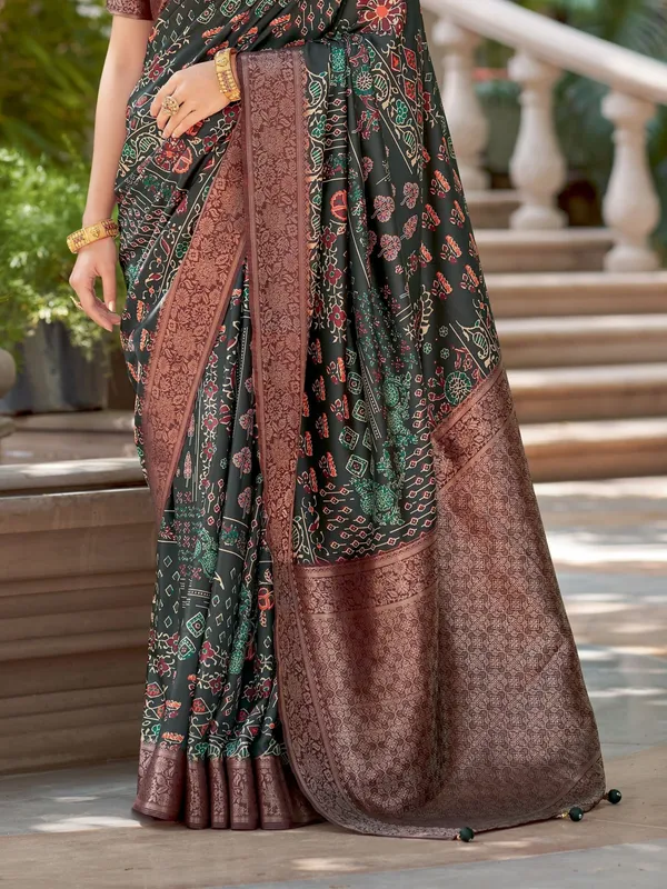 Green_&_Brown_Ajrakh_Elegance_In_Italian_Silk_Saree_For_Women_|_With_Unstitched_Blouse