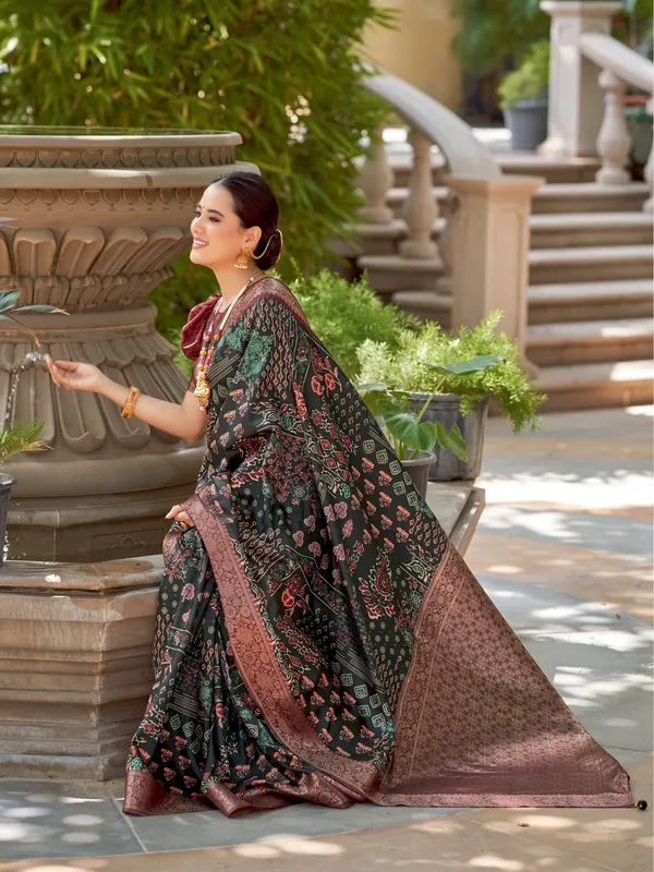 Green_&_Brown_Ajrakh_Elegance_In_Italian_Silk_Saree_For_Women_|_With_Unstitched_Blouse