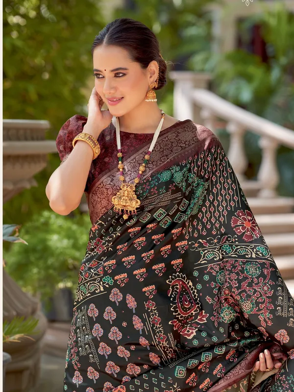 Green_&_Brown_Ajrakh_Elegance_In_Italian_Silk_Saree_For_Women_|_With_Unstitched_Blouse