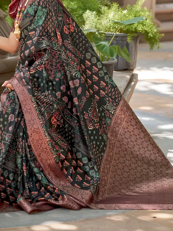 Green_&_Brown_Ajrakh_Elegance_In_Italian_Silk_Saree_For_Women_|_With_Unstitched_Blouse