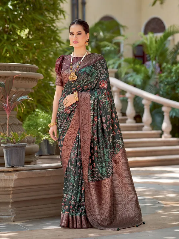 Green_&_Brown_Ajrakh_Elegance_In_Italian_Silk_Saree_For_Women_|_With_Unstitched_Blouse
