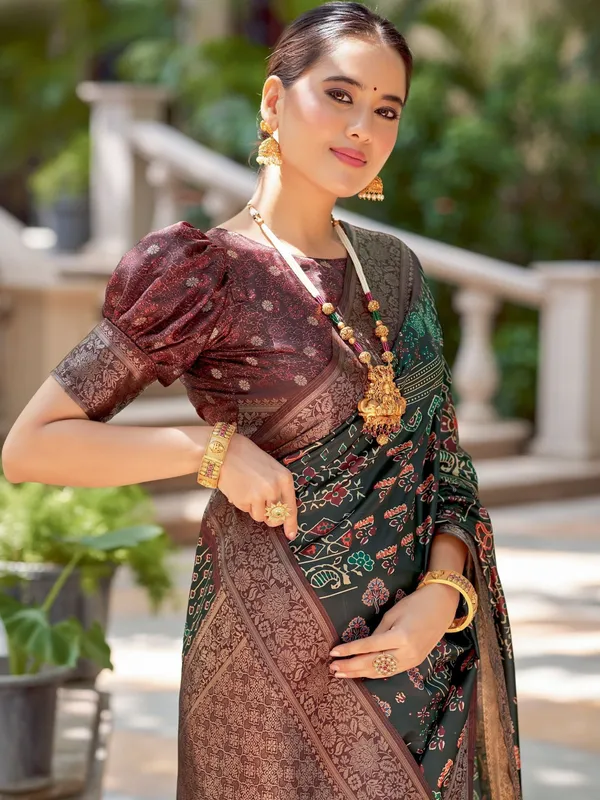 Green_&_Brown_Ajrakh_Elegance_In_Italian_Silk_Saree_For_Women_|_With_Unstitched_Blouse
