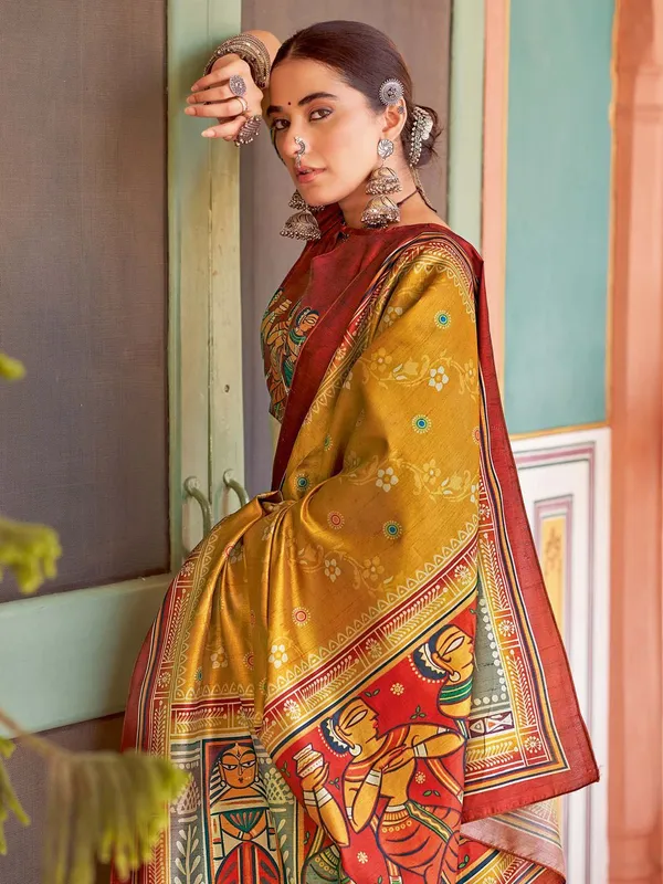 Yellow_&_Red_Blended_Silk_Tussar_With_Kalamkari_Print_&_Printed_Border_Saree_For_Women_|_With_Unstitched_Blouse