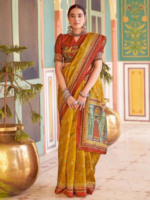 Yellow_&_Red_Blended_Silk_Tussar_With_Kalamkari_Print_&_Printed_Border_Saree_For_Women_|_With_Unstitched_Blouse