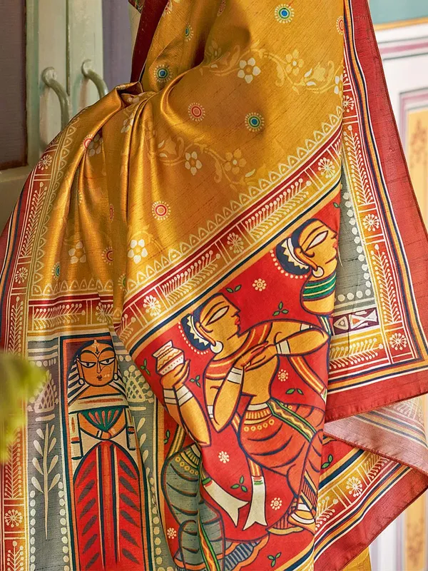 Yellow_&_Red_Blended_Silk_Tussar_With_Kalamkari_Print_&_Printed_Border_Saree_For_Women_|_With_Unstitched_Blouse