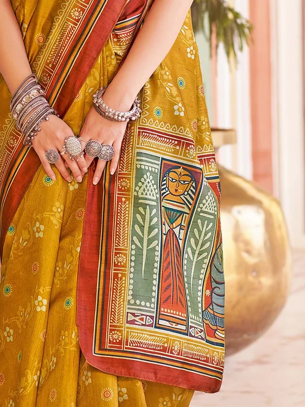 Yellow_&_Red_Blended_Silk_Tussar_With_Kalamkari_Print_&_Printed_Border_Saree_For_Women_|_With_Unstitched_Blouse