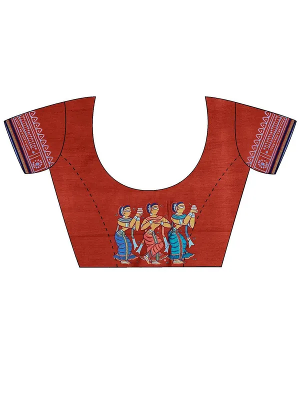 Yellow_&_Red_Blended_Silk_Tussar_With_Kalamkari_Print_&_Printed_Border_Saree_For_Women_|_With_Unstitched_Blouse