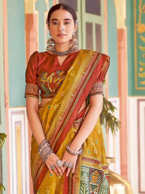 Yellow_&_Red_Blended_Silk_Tussar_With_Kalamkari_Print_&_Printed_Border_Saree_For_Women_|_With_Unstitched_Blouse