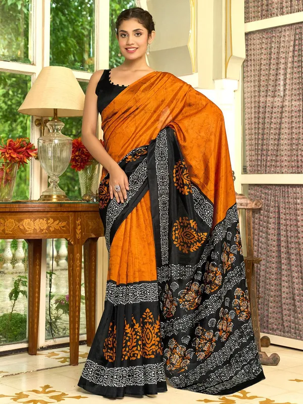 Black_&_Mustard_Yellow_Blended_Silk_Bhagalpuri_Style_Block_Print_Saree_For_Women_|_With_Unstitched_Blouse