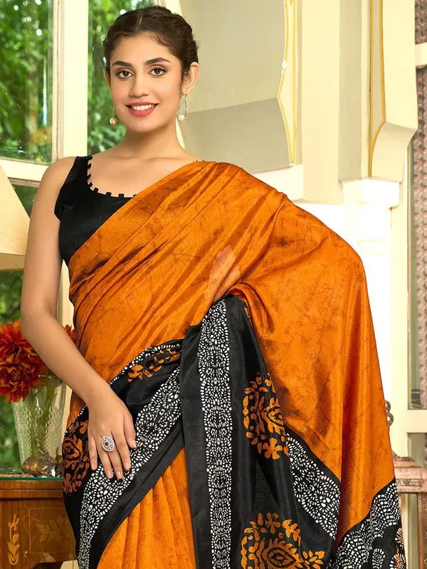 Black_&_Mustard_Yellow_Blended_Silk_Bhagalpuri_Style_Block_Print_Saree_For_Women_|_With_Unstitched_Blouse