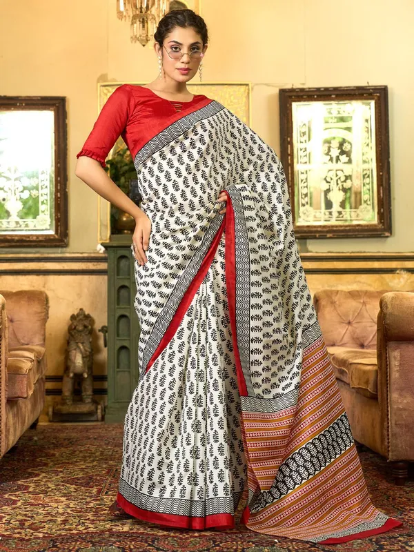 White_&_Red_Graceful_Bhagalpuri_Art_Silk_With_Elegant_Motifs_Saree_For_Women_|_With_Unstitched_Blouse
