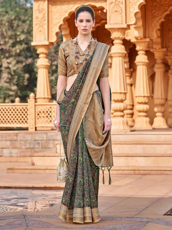 Green_&_Beige_Banarasi_Silk_With_Antique_Gold_Zari_Detailing_Saree_For_Women_|_With_Unstitched_Blouse