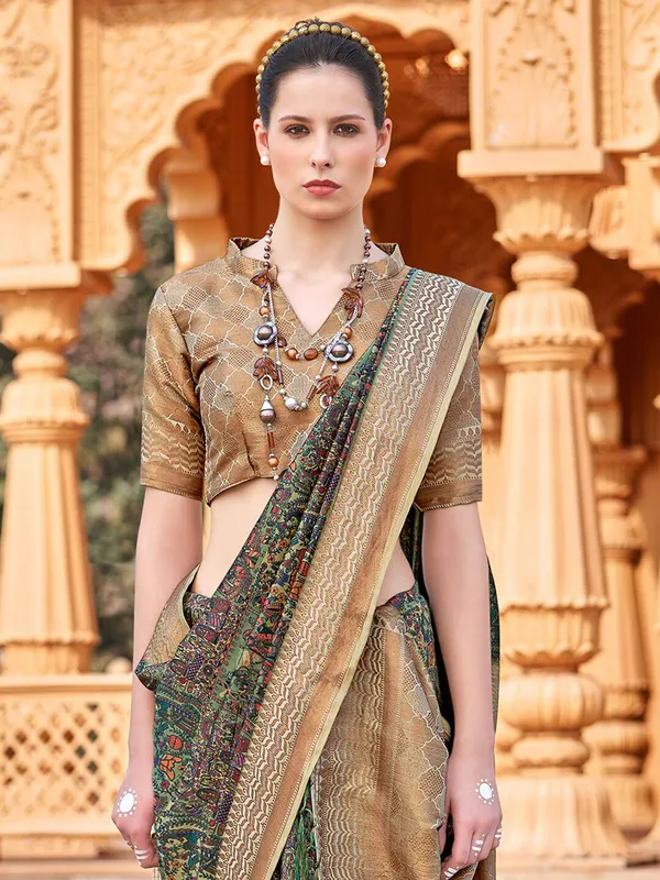 Green_&_Beige_Banarasi_Silk_With_Antique_Gold_Zari_Detailing_Saree_For_Women_|_With_Unstitched_Blouse