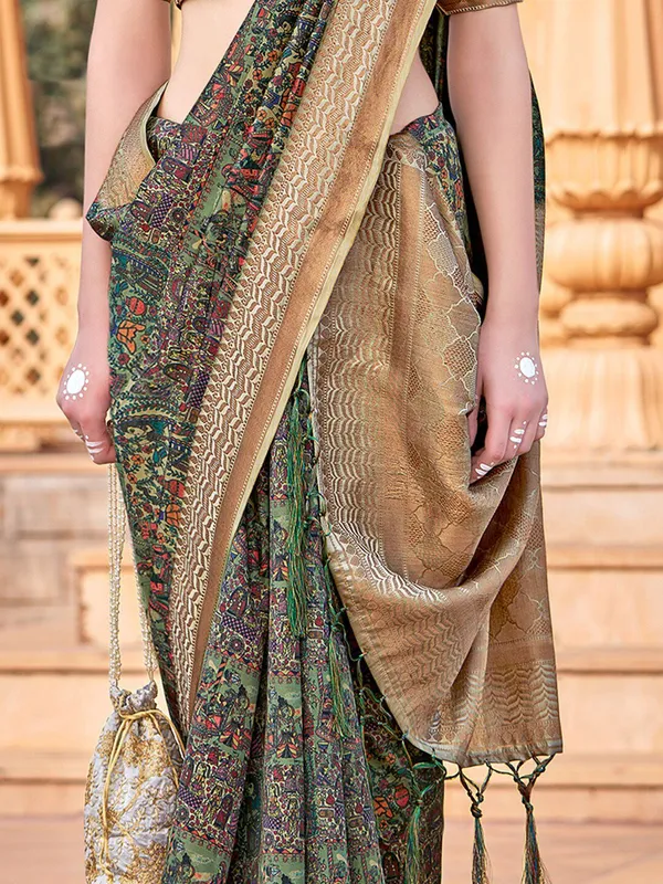 Green_&_Beige_Banarasi_Silk_With_Antique_Gold_Zari_Detailing_Saree_For_Women_|_With_Unstitched_Blouse