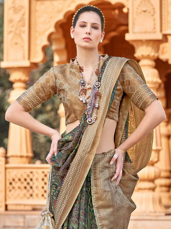 Green_&_Beige_Banarasi_Silk_With_Antique_Gold_Zari_Detailing_Saree_For_Women_|_With_Unstitched_Blouse