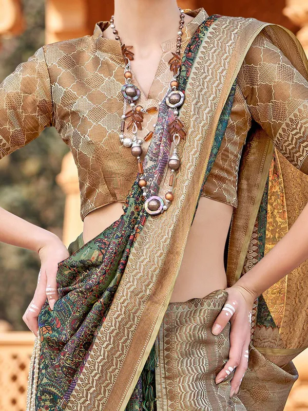 Green_&_Beige_Banarasi_Silk_With_Antique_Gold_Zari_Detailing_Saree_For_Women_|_With_Unstitched_Blouse
