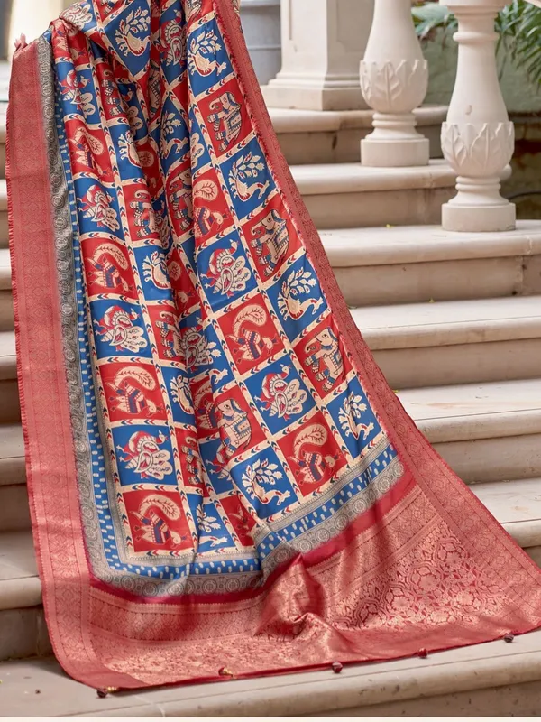 Red_&_Blue_Ajrakh_Elegance_In_Italian_Silk_Saree_For_Women_|_With_Unstitched_Blouse