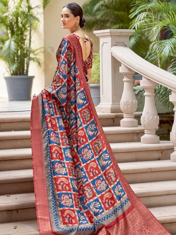 Red_&_Blue_Ajrakh_Elegance_In_Italian_Silk_Saree_For_Women_|_With_Unstitched_Blouse