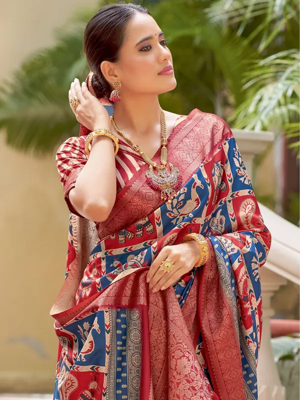 Red_&_Blue_Ajrakh_Elegance_In_Italian_Silk_Saree_For_Women_|_With_Unstitched_Blouse
