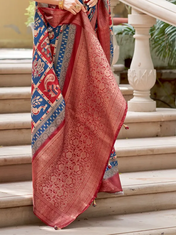 Red_&_Blue_Ajrakh_Elegance_In_Italian_Silk_Saree_For_Women_|_With_Unstitched_Blouse