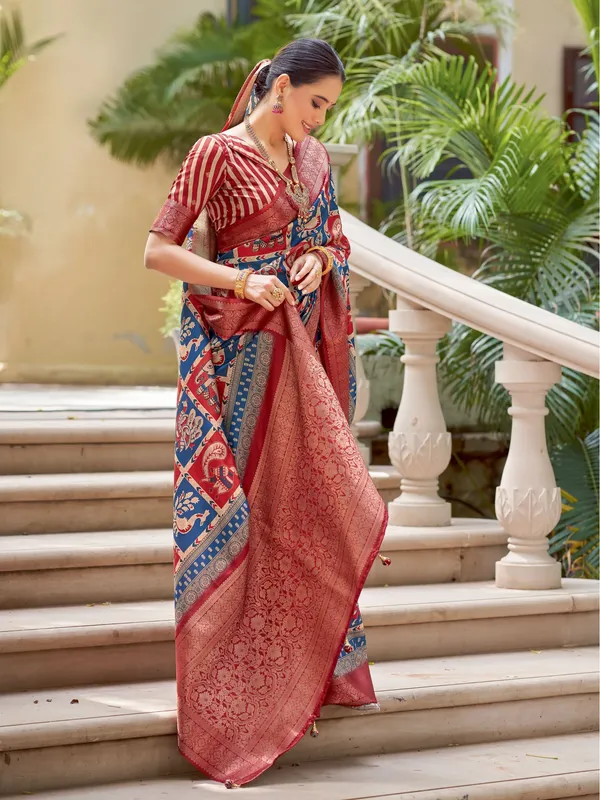Red_&_Blue_Ajrakh_Elegance_In_Italian_Silk_Saree_For_Women_|_With_Unstitched_Blouse