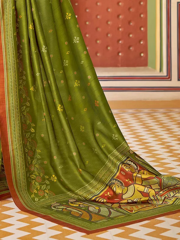 Green_Blended_Silk_Tussar_With_Kalamkari_Print_&_Printed_Border_Saree_For_Women_|_With_Unstitched_Blouse
