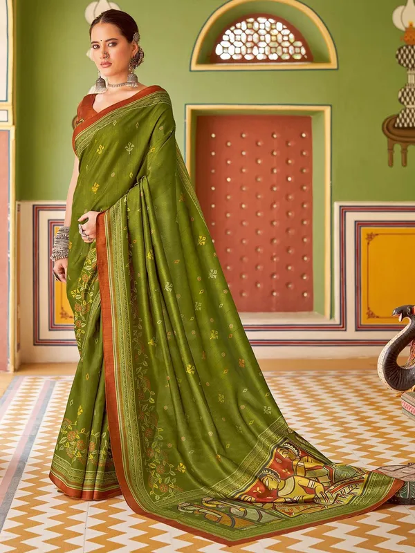Green_Blended_Silk_Tussar_With_Kalamkari_Print_&_Printed_Border_Saree_For_Women_|_With_Unstitched_Blouse