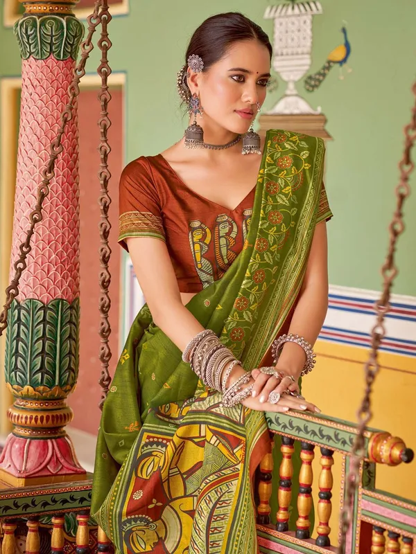 Green_Blended_Silk_Tussar_With_Kalamkari_Print_&_Printed_Border_Saree_For_Women_|_With_Unstitched_Blouse