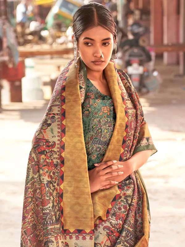 Beige_&_Green_Elegant_Madhubani_Digital_Print_Saree_For_Women_|_With_Unstitched_Blouse