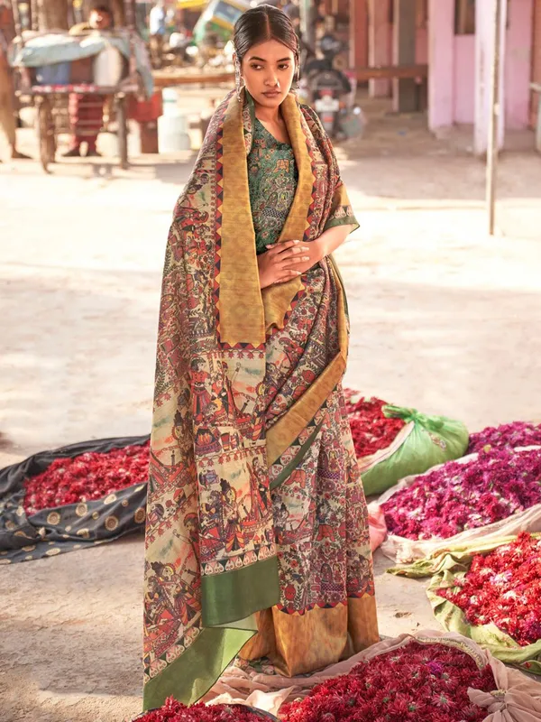 Beige_&_Green_Elegant_Madhubani_Digital_Print_Saree_For_Women_|_With_Unstitched_Blouse