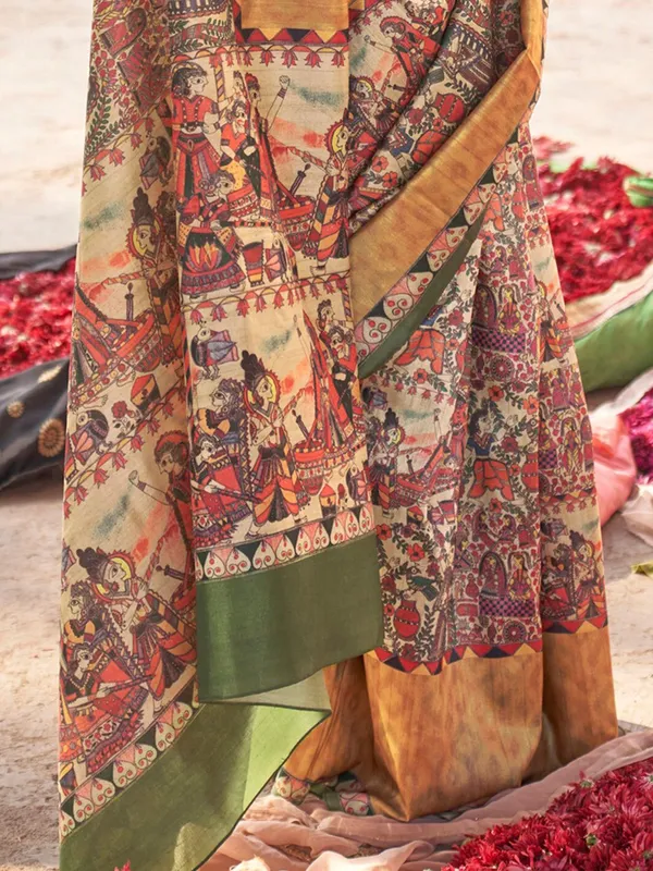Beige_&_Green_Elegant_Madhubani_Digital_Print_Saree_For_Women_|_With_Unstitched_Blouse