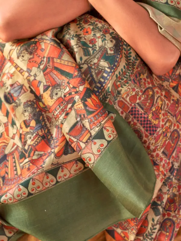 Beige_&_Green_Elegant_Madhubani_Digital_Print_Saree_For_Women_|_With_Unstitched_Blouse