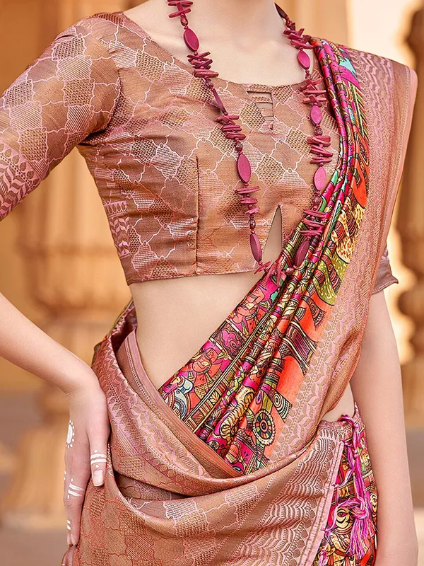 Beige_&_Pink_Banarasi_Silk_With_Floral_Motifs_&_Golden_Zari_Detailing_Saree_For_Women_|_With_Unstitched_Blouse