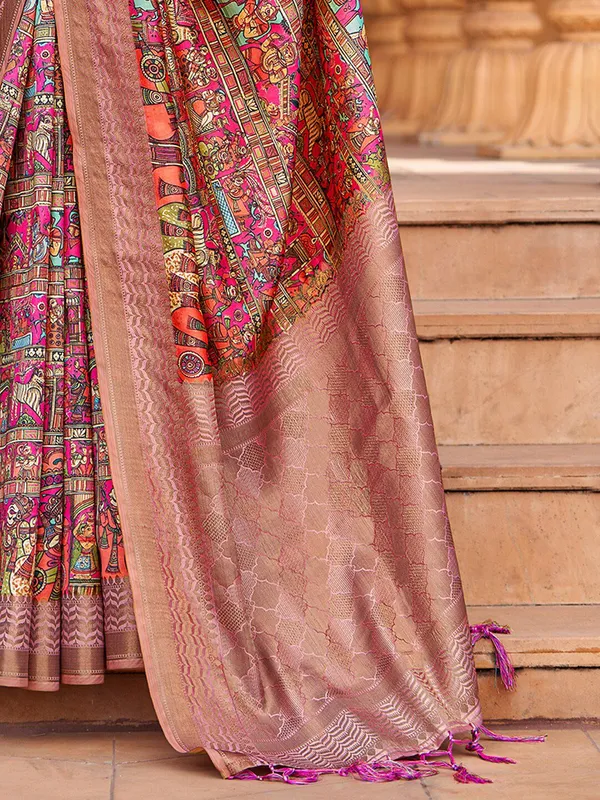 Beige_&_Pink_Banarasi_Silk_With_Floral_Motifs_&_Golden_Zari_Detailing_Saree_For_Women_|_With_Unstitched_Blouse