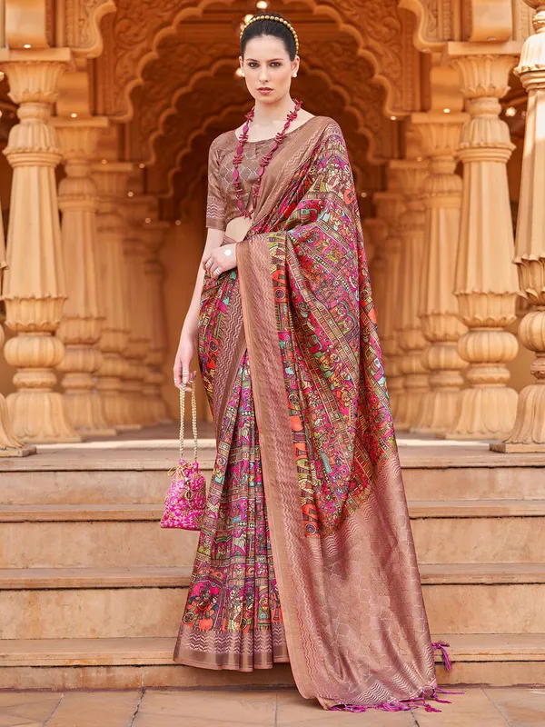 Beige_&_Pink_Banarasi_Silk_With_Floral_Motifs_&_Golden_Zari_Detailing_Saree_For_Women_|_With_Unstitched_Blouse