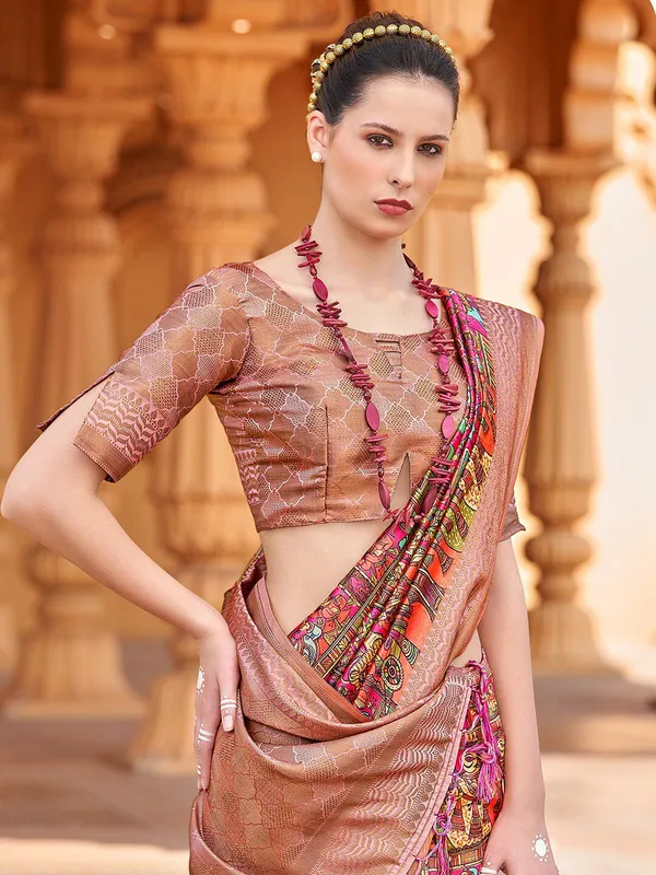 Beige_&_Pink_Banarasi_Silk_With_Floral_Motifs_&_Golden_Zari_Detailing_Saree_For_Women_|_With_Unstitched_Blouse
