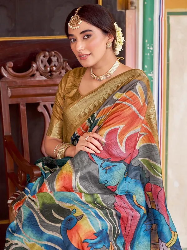 Blue_&_Yellow_Rajgharana_Kalamkari_Woven_Design_Saree_For_Women_|_With_Unstitched_Blouse