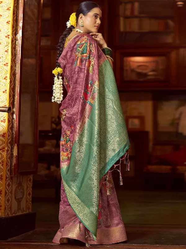 Pink_&_Green_Kalamkari_Elegance_With_Sungudi_Soul_Saree_For_Women_|_With_Unstitched_Blouse